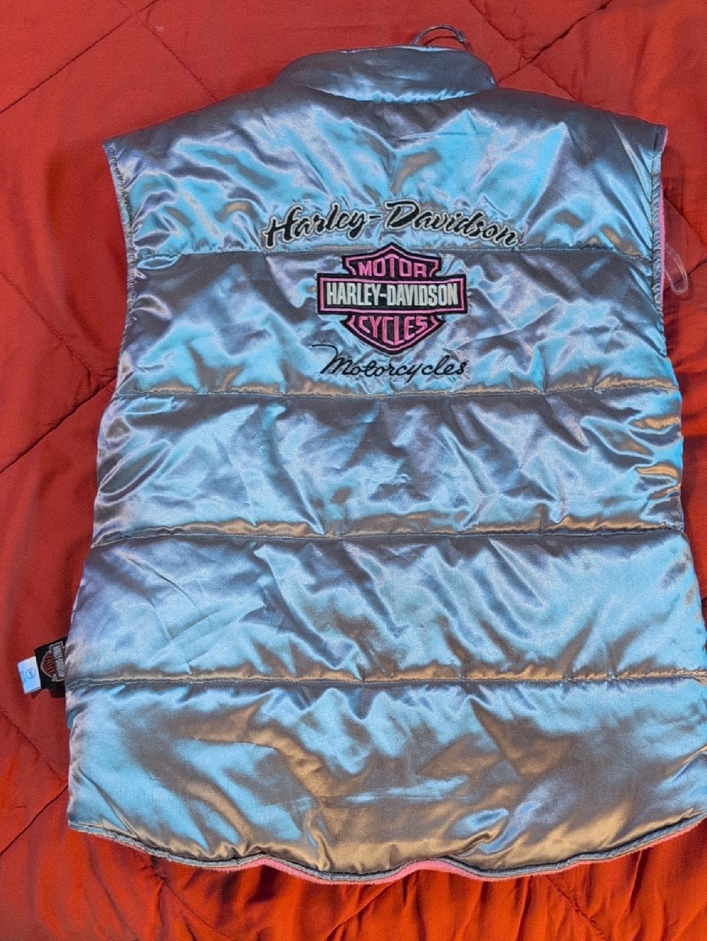 Harley-Davidson Shiny Silver Puffer Vest with Pink Logo